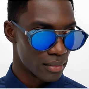 Modern Round‎ Sunglasses Blue Mirror Lenses Side Shield Design Fashion Eyewear
